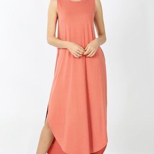SLEEVELESS SIDE SLIT MAXI DRESS WITH POCKETS